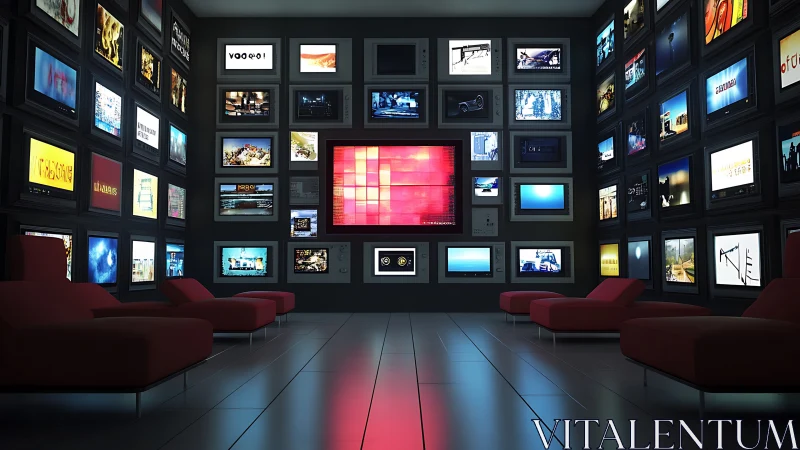 Media wall displays multiple screens in dark lounge room