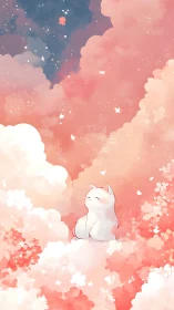 Softly rendered white cat meditating amid gradient peach clouds
