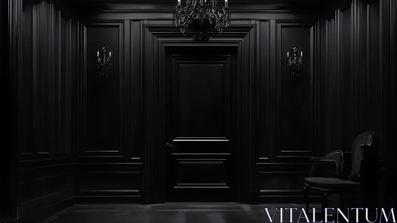 Monochrome neoclassical corridor isolates a central paneled door