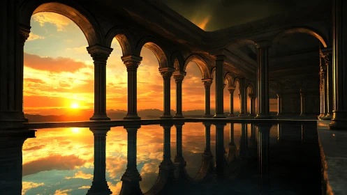 Sunlit colonnade reflects across tranquil mirrored pool