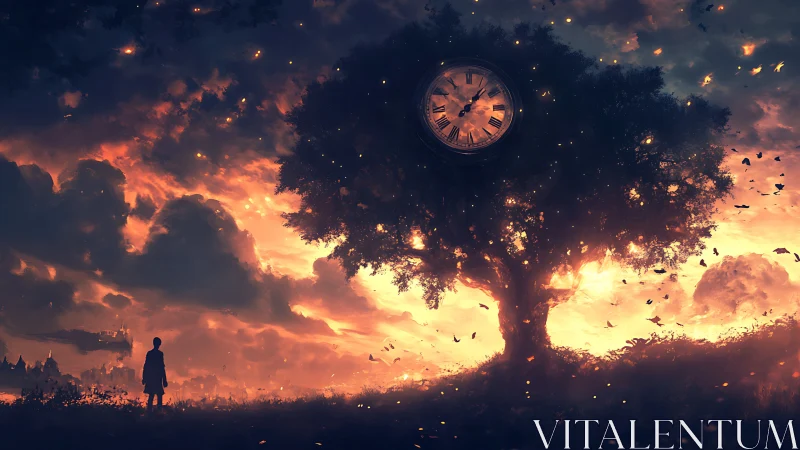 Twilight time-tree guarding a burning horizon of memories.