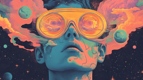 Neon cosmic dreamer gazes into swirling virtual galaxies.