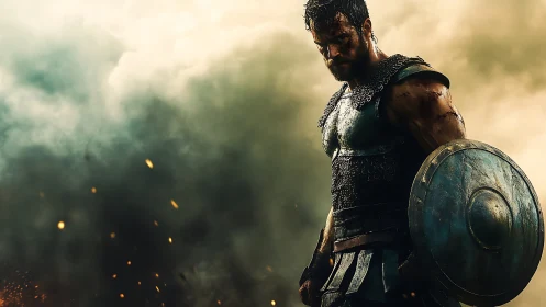 Armored warrior holding shield stands amid dense battle smoke