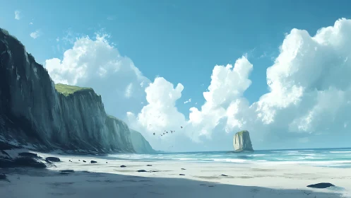 Basalt Columnar Formation Coastal Seascape Digital Illustration.