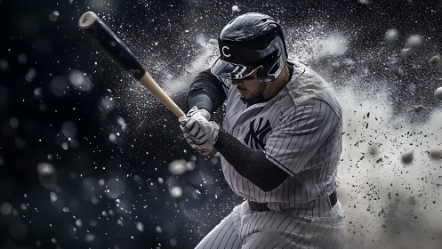 Baseball hitter powers through exploding infield dirt impact.