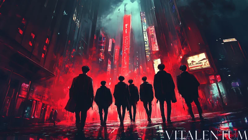 Neon-soaked night walkers stride into a glowing city storm