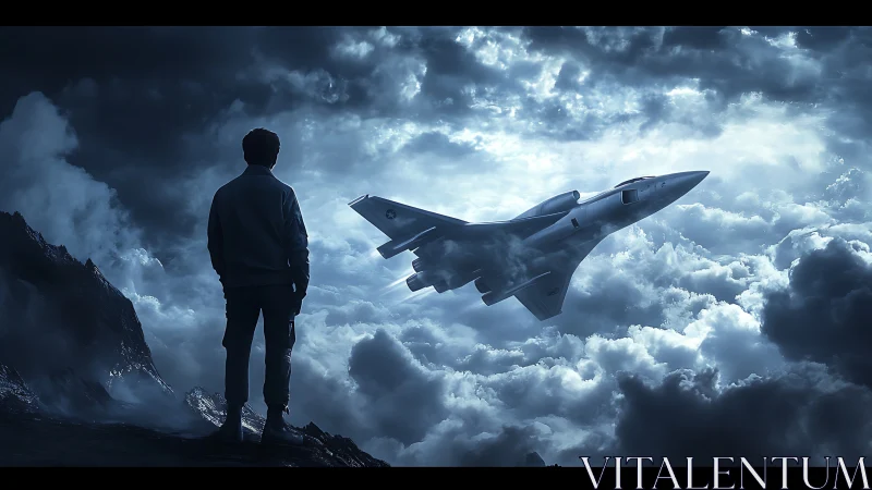 Solitary observer watches fighter jet pierce storm clouds.
