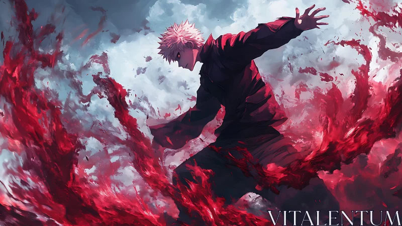 Crimson storm coils as a lone fighter carves through chaos