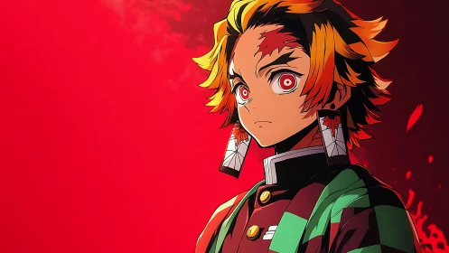 Fiery anime warrior stands against an intense crimson void