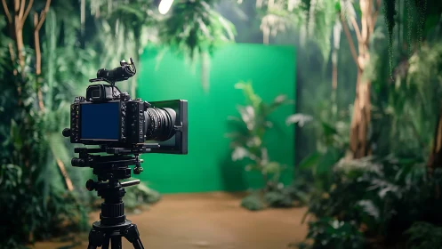 Cinema camera on jungle greenscreen stage in studio setup.