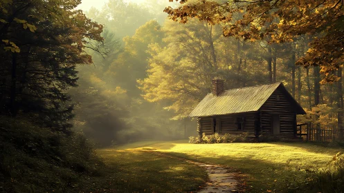 Cozy Woodland Cabin Bathed in Golden Autumn Light