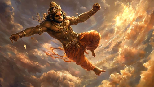 Hanuman soars through luminous storm‑lit sky, power unleashed.