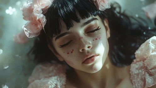 Dreamlike close portrait of girl with floral headpiece.