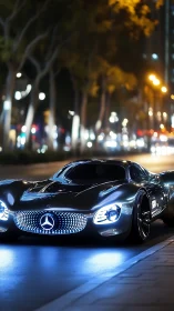 Futuristic Mercedes concept car drives on illuminated city street
