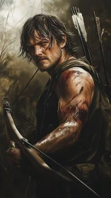 Wounded archer stands tense in shadowed forest battleground