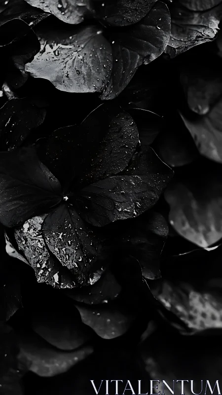 Water droplets on leaves in monochrome.