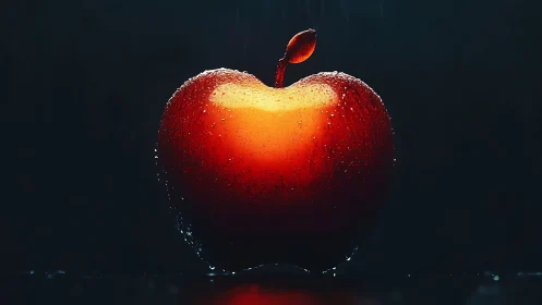 Luminous red apple with dewy surface on dark backdrop.