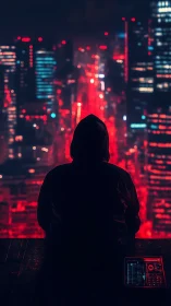Hooded watcher rewires a neon river of city light below