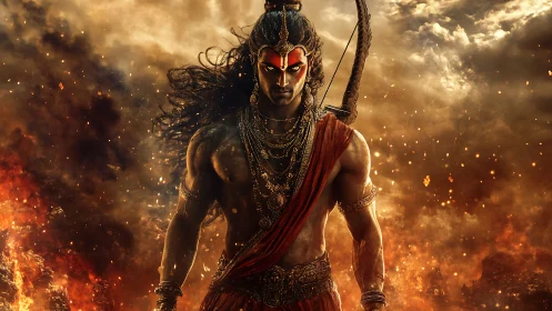 Mythic warrior rendered in high-contrast cinematic firelit composition