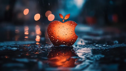 Metallic apple icon in wet street scene at night.