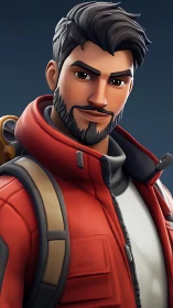 Stylized adventurer in red jacket with backpack portrait.
