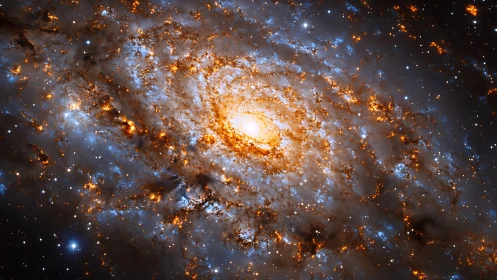 Spiral galaxy core glows with vivid orange and blue star clouds.