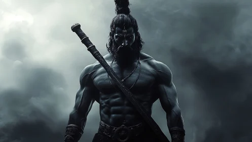 Mythic warrior figure with sword in stormy atmosphere.