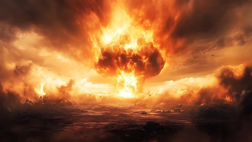 Photorealistic inferno blast over desolate wasteland horizon.