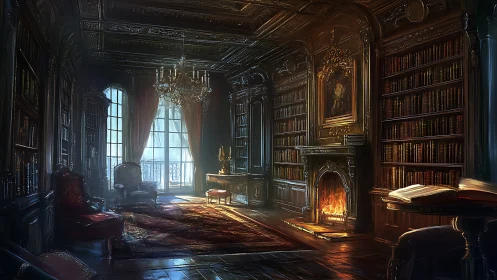 Firelit velvet library where old books quietly smolder.