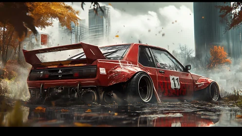 Aerodynamic drift-spec racer in post-rain urban woodland staging.