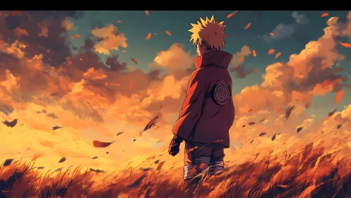 Anime figure in orange coat in windy field at sunset sky.