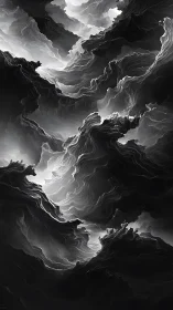 Monochrome fractal cloud canyons with luminous depth study.