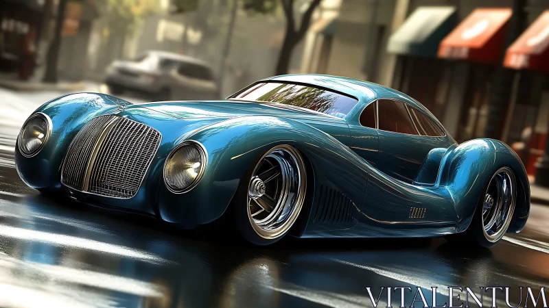 Streamlined teal retro-futurist coupe on glossy city street.