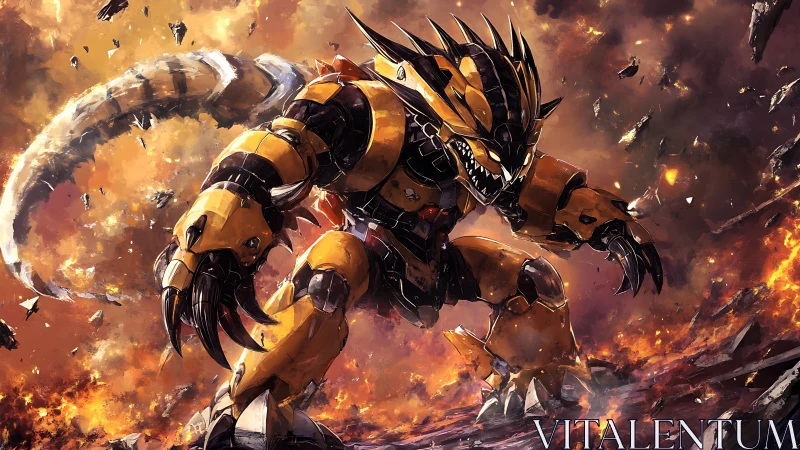 Armored mecha beast strides through burning battlefield.