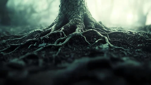 Gnarled forest roots emerging from misty earthscape.