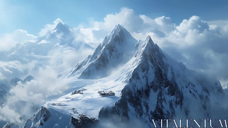 Quiet snow peaks brushing the soft blue winter sky.