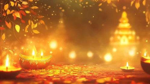 Digital painting of festive diyas with bokeh temple glow.