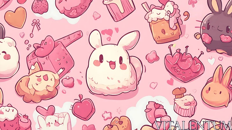 Cute bunny dessert pattern on soft pink background.
