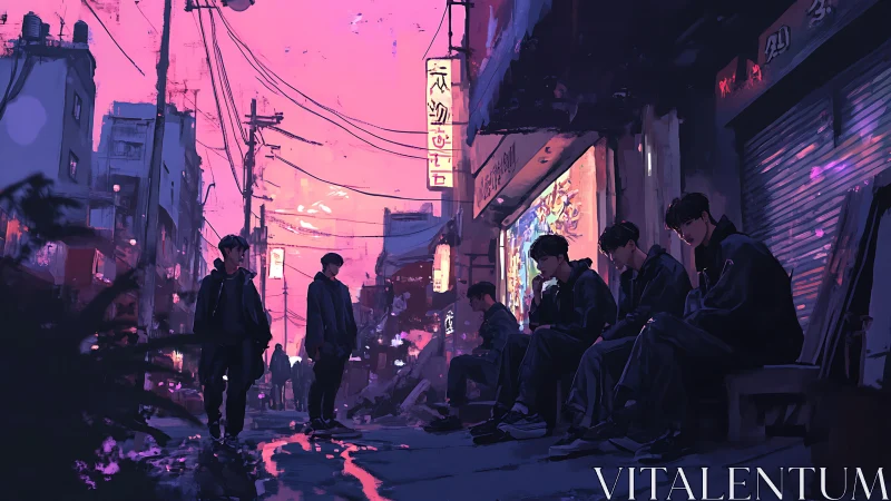 Cyberpunk alley tableau with duplicated figures and neon dusk palette.