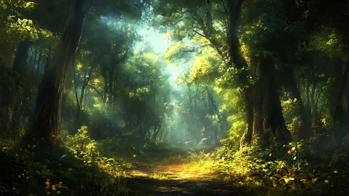 Luminous Forest Canopy: Ancient Deciduous Woodland Corridor with Dappled Sunlight
