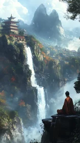 Solitary monk overlooks misty mountain temple waterfalls