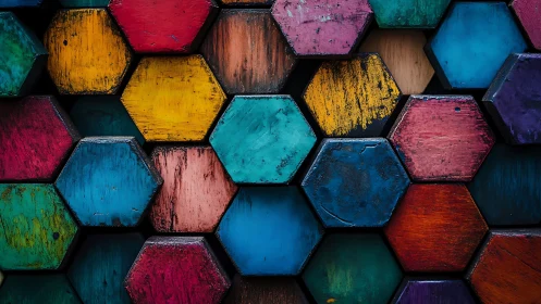 Chromatic wooden hexagonal tessellation with textured patina.