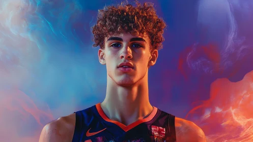 Young basketball player stands confident amid neon clouds