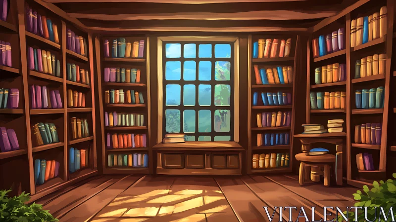 Sunlit fantasy library invites quiet reading and reflection