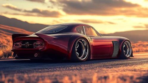 Red widebody sports car rendered on desert road at sunset