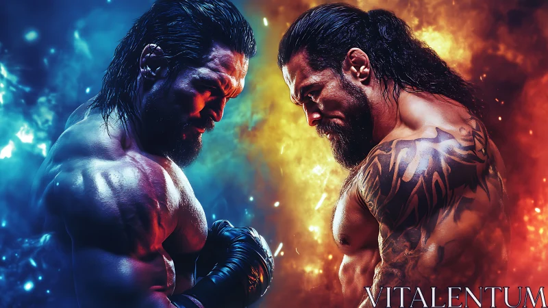 Digital painting showdown of dual fighters in elemental lighting.