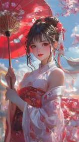 Cherry blossoms whirl as a parasol maiden claims spring