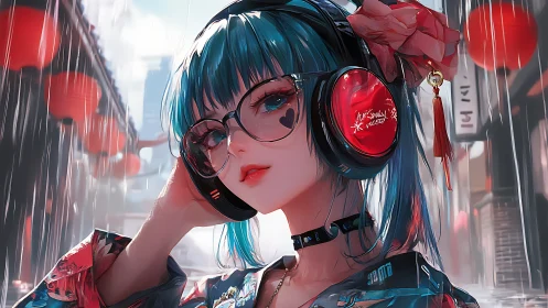 Headphoned girl in rainy street with red lanterns background.