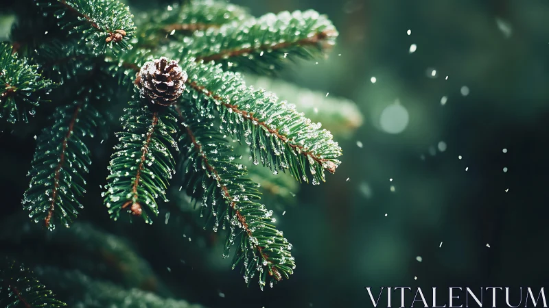 Snow-covered conifer branch is captured with shallow depth