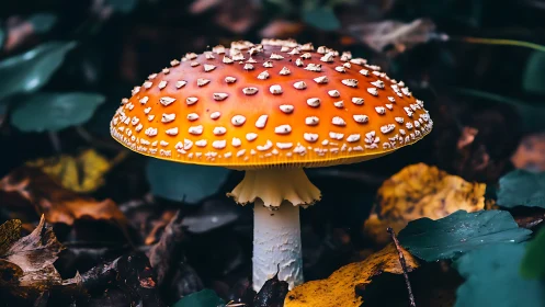Macrophotograph of fly agaric mushroom in damp forest floor